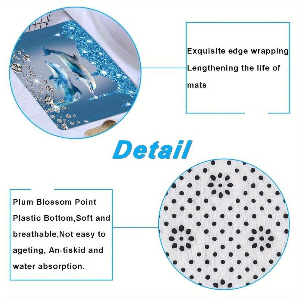 Blue diamond dolphin print bathroom set includes shower curtain, non-slip mat, toilet seat cover, and U-shaped mat, with 12 hooks for hanging the curtain.