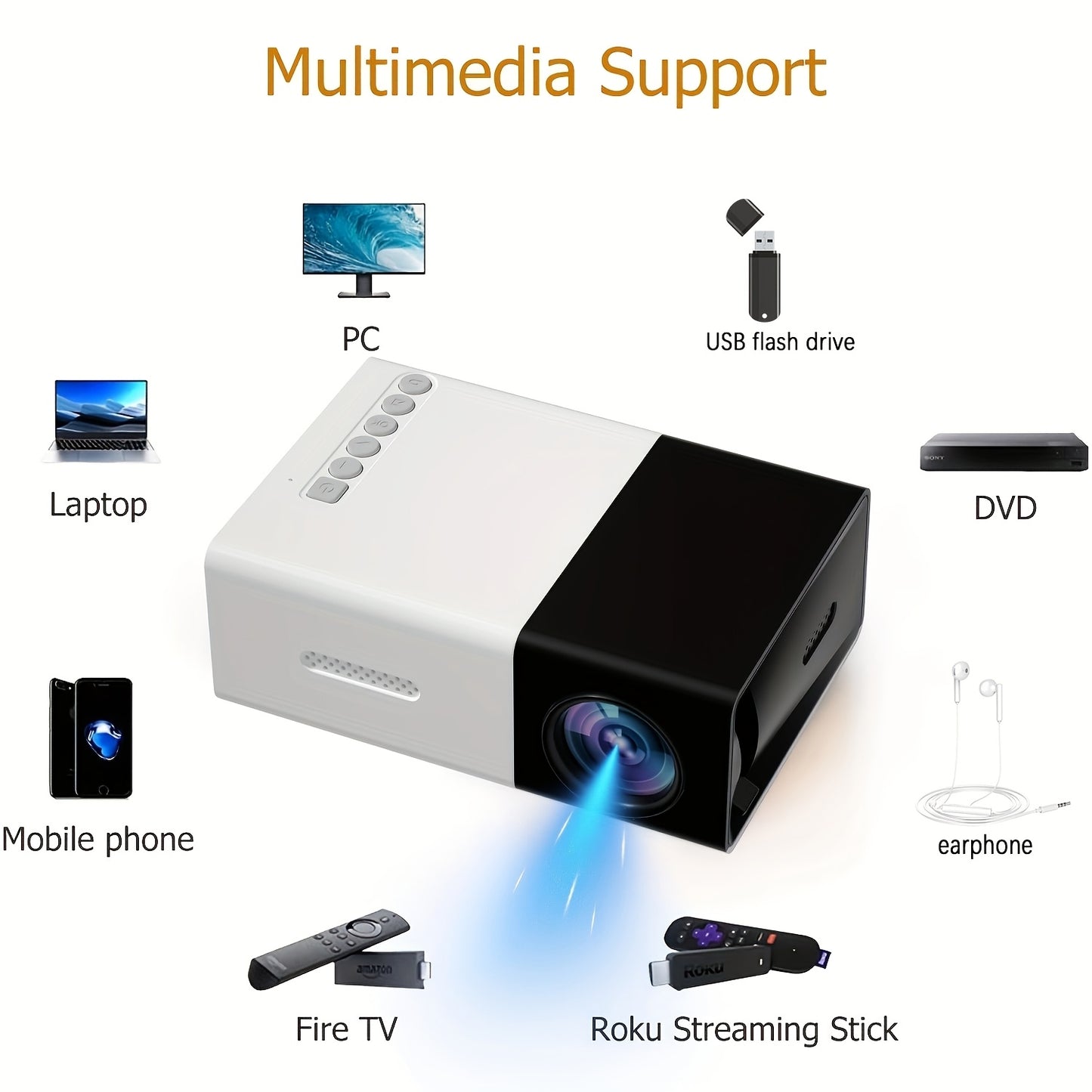 ZRZTM Mini Projector with 1080P HD, built-in speaker, fast focus, portable for multiple devices, 16:9 aspect ratio, 220-240V, remote control, 50-99 lumens, 320P native resolution, ceiling