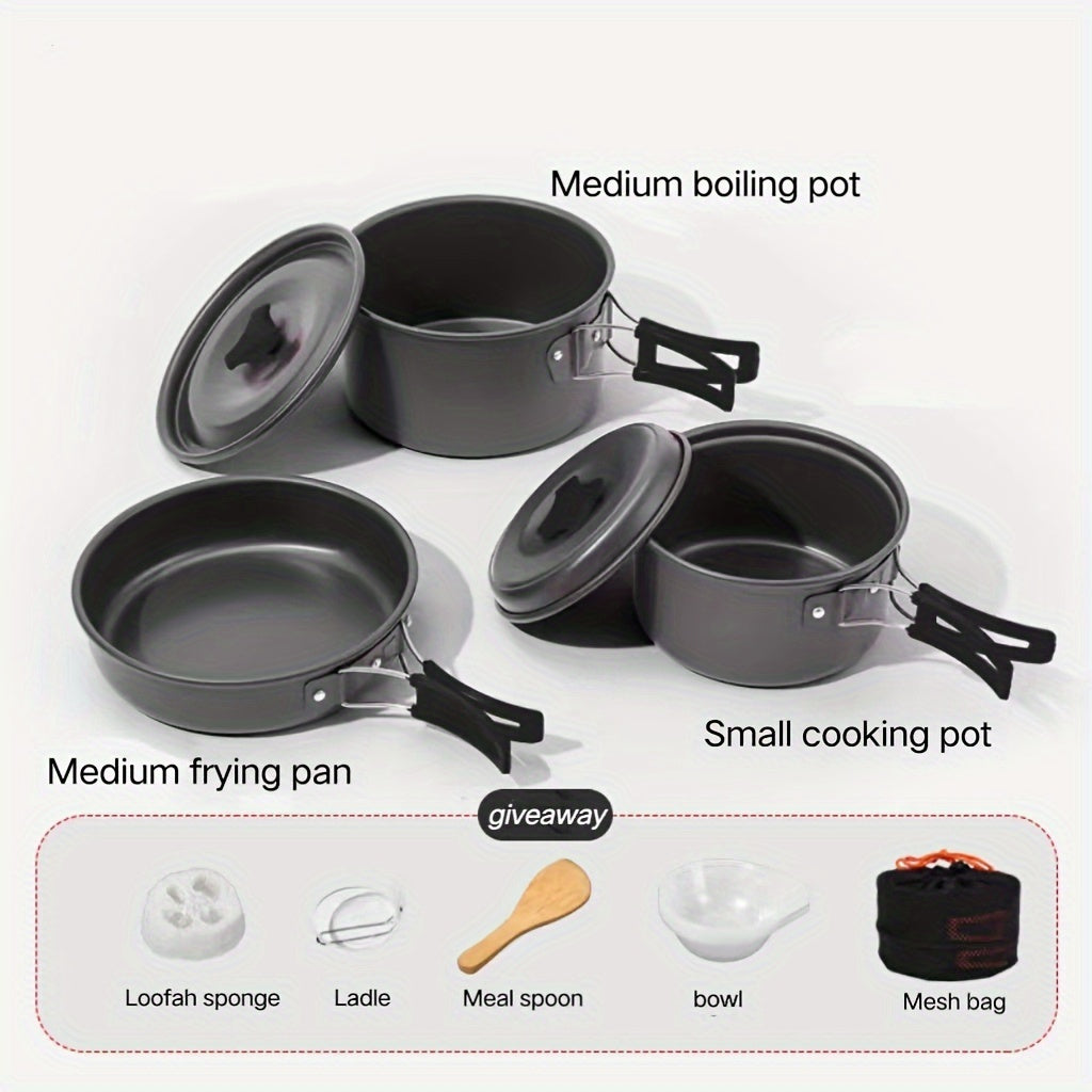 Portable Outdoor Camping Cookware Set - 8-Piece Hard Anodized Aluminum Pots and Pans with Medium Frying Pan, Medium Boiling Pot, Small Cooking Pot, 5 Bonus Accessories, Dual-Purpose Sauté and Boil, Compact Storage Ideal for Camping