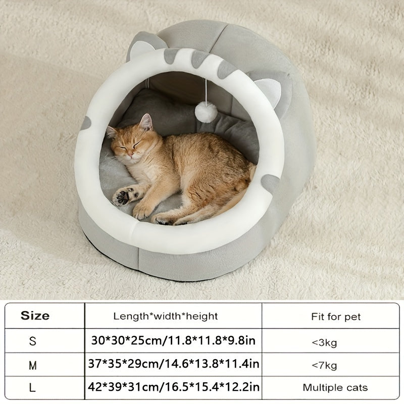 Cozy cat-shaped bed with soft polyester fiber, breathable and comfortable for all seasons. Suitable for small to large cats.