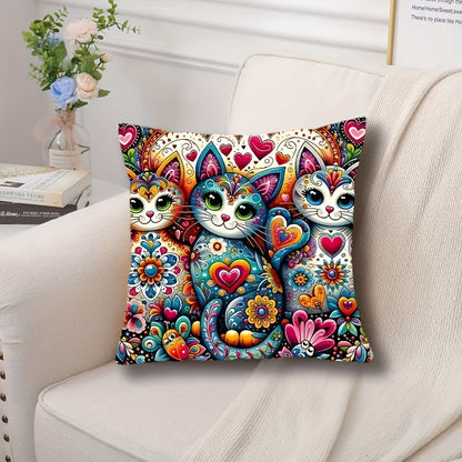 Bohemian style cat & floral print pillow case, 44.96cm x 44.96cm, with zip closure. Vibrant home decor accent, machine washable. Ideal for living room and bedroom.