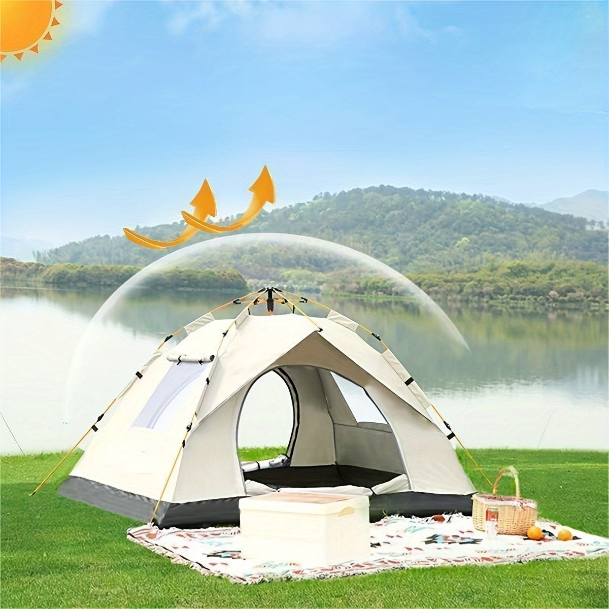 4-person pop-up tent with fiberglass poles, square Oxford cloth, 3-second setup, waterproof zipper closure, ideal for hiking, travel, and beach.