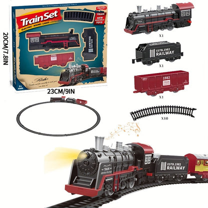 Vintage Electric Train Track Set for kids - Classic Steam Locomotive with Lights & Sounds, Red & Black, ABS Resin, Perfect for Imaginative Play.