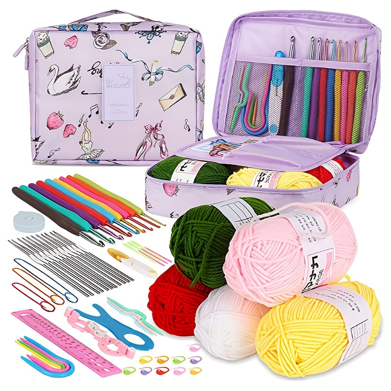 Beginner crochet kit with yarn, hooks, and storage bag in vibrant colors (royal blue/pink/purple) - all-season crafting set.