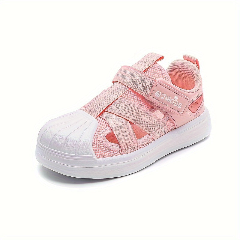 Breathable mesh shoes in blue and white for kids with adjustable strap, non-slip sole, and comfort insole for casual wear and outdoor activities.