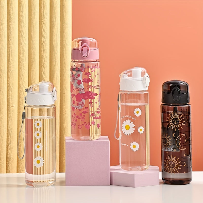 Portable large capacity plastic water bottles with sun and flowers design, leakproof BPA-free tumblers for camping, easy-to-carry, gift-friendly cups.