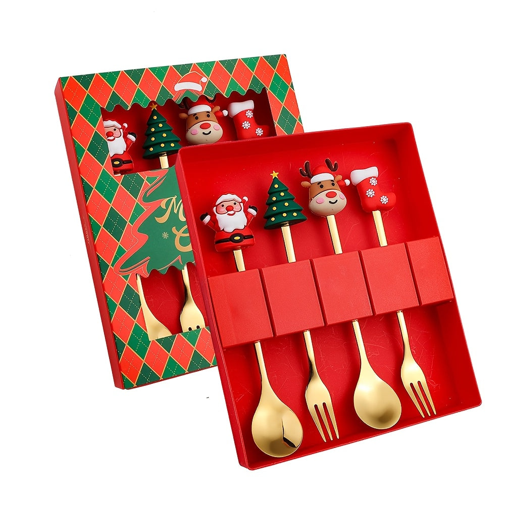 Christmas-themed stainless steel cutlery set includes 4 or 6 pieces in a gift box, featuring Santa, Christmas tree, and reindeer figurine designs. Perfect for serving desserts, cakes, fruit, and coffee during the holiday season. Great gift idea for