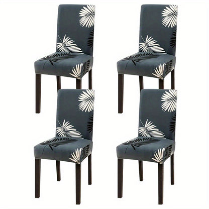 Printed stretch chair slipcovers in 4 or 6 pieces, ideal for dining chairs in various settings.