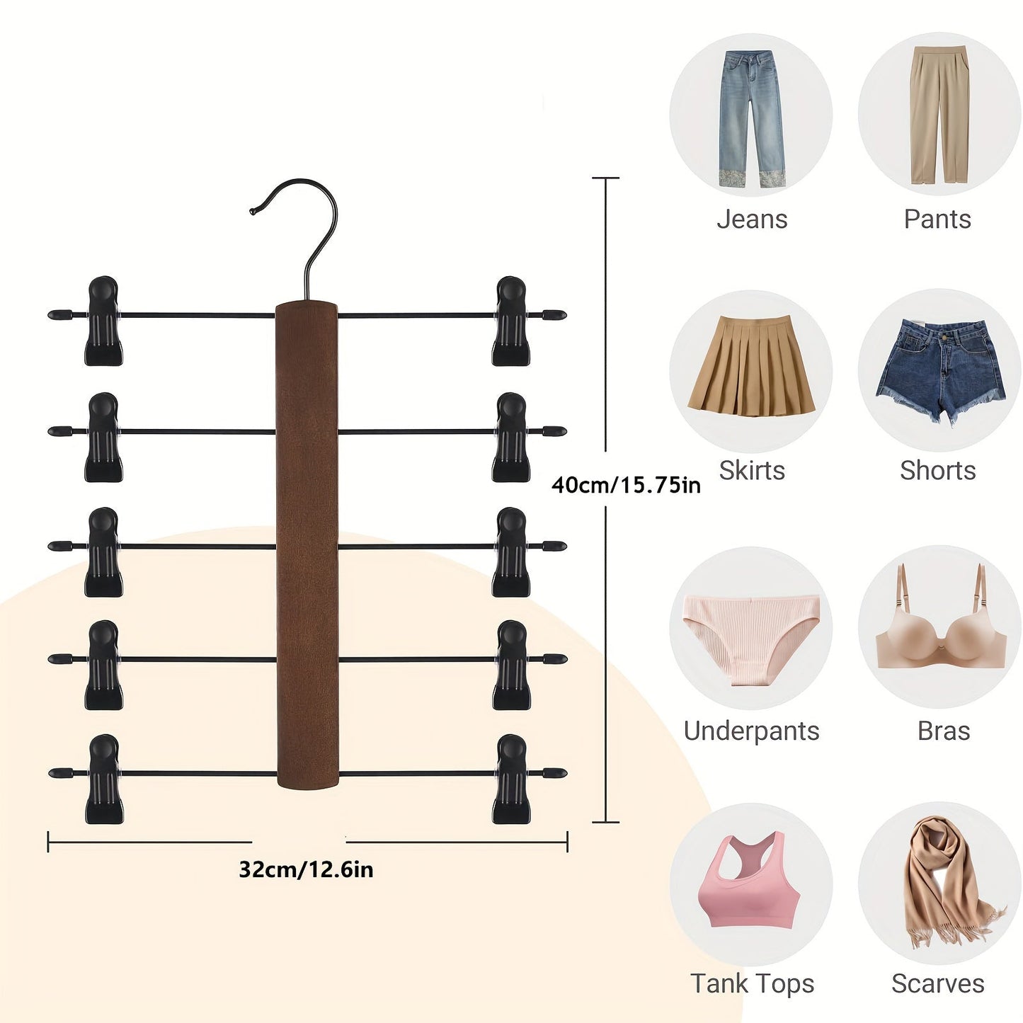 Wooden Pants Hanger with Adjustable Rubber-Coated Clips - 5-Tier Skirt Organizer for Jeans, Shorts, and Trousers. Space-Saving Closet Hanger with 360° Swivel Hook for Multiple Clothing Storage. Perfect Home Supplies.