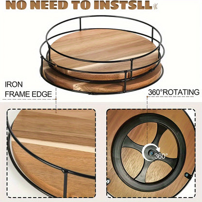 Wooden rotating storage rack with steel handrails, kitchen seasoning tray, Susan turntable, solid wood rotating tray.