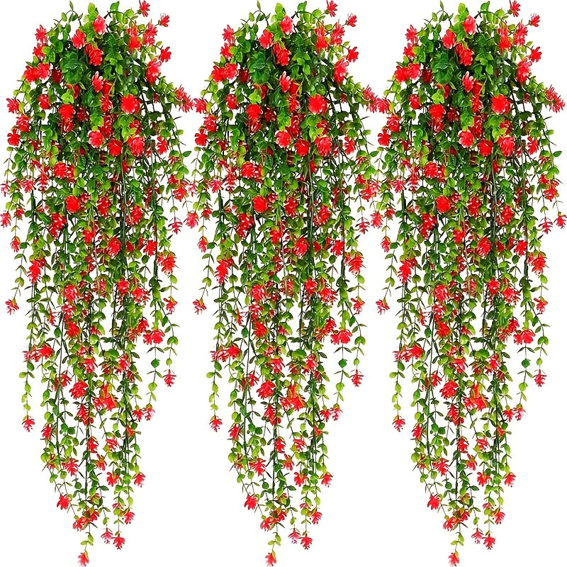 Artificial mountain camellia hanging plants, 3-pack greenery for home and outdoor decor. Perfect for Valentine's Day, St. Patrick's Day, Ramadan, and indoor wedding decoration. No container