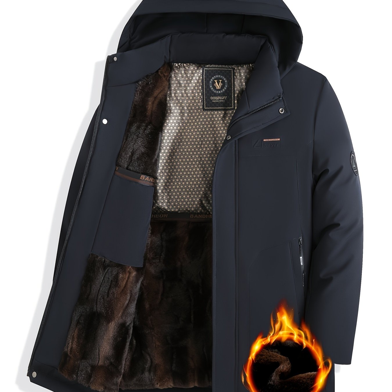 Navy Blue Men's Winter Jacket with Detachable Hood, Fleece-Lined, Machine Washable, Perfect for Outdoor and Casual Wear