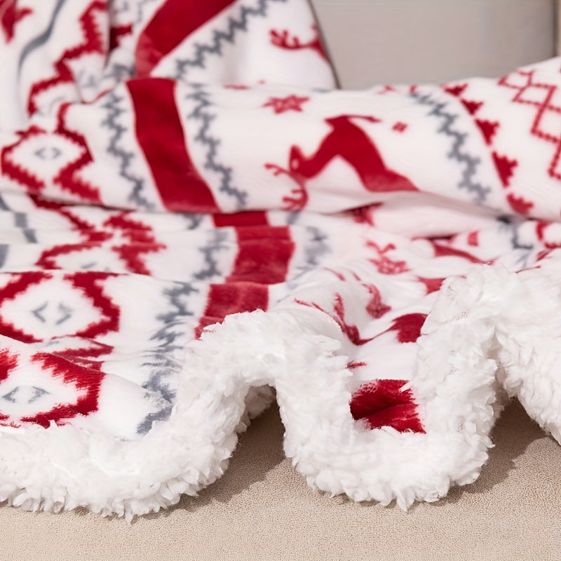 Christmas Sherpa Blanket perfect for boys and girls, featuring a festive holiday design with reindeer and snowflakes. Made from soft plush fleece, this warm winter cabin throw blanket is ideal for cozying up during the colder months.