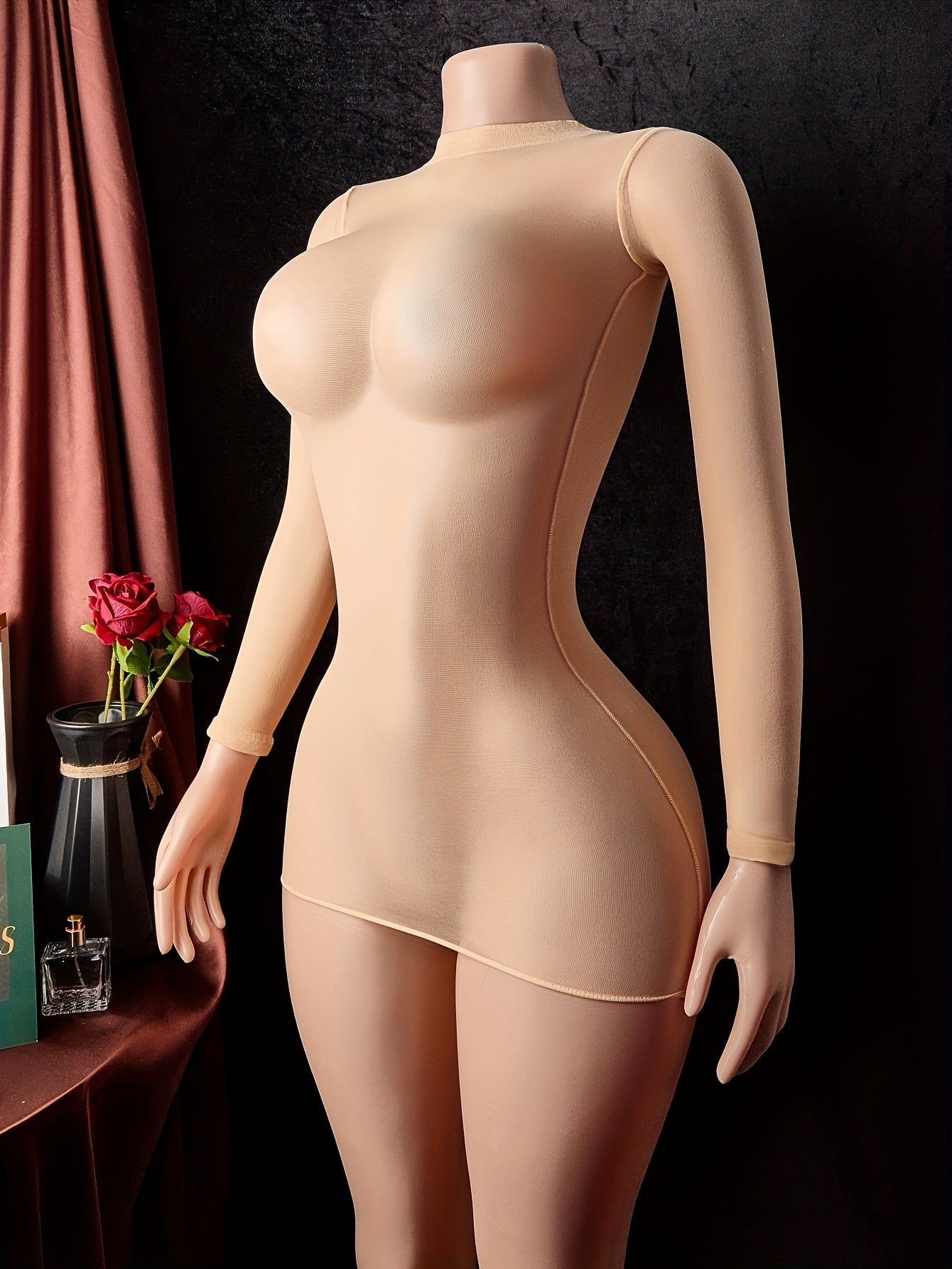 Sheer long sleeve dress, sexy jumpsuit, solid color, no padding, adult polyamide knit.