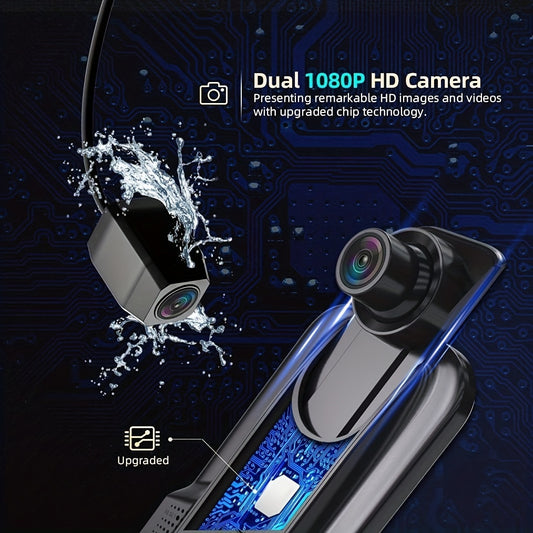 25.4cm mirror dash cam with 1080P front and 720P rear cameras, touch screen display, G-sensor, night vision, loop recording, 24/7 parking monitor, 32GB card included