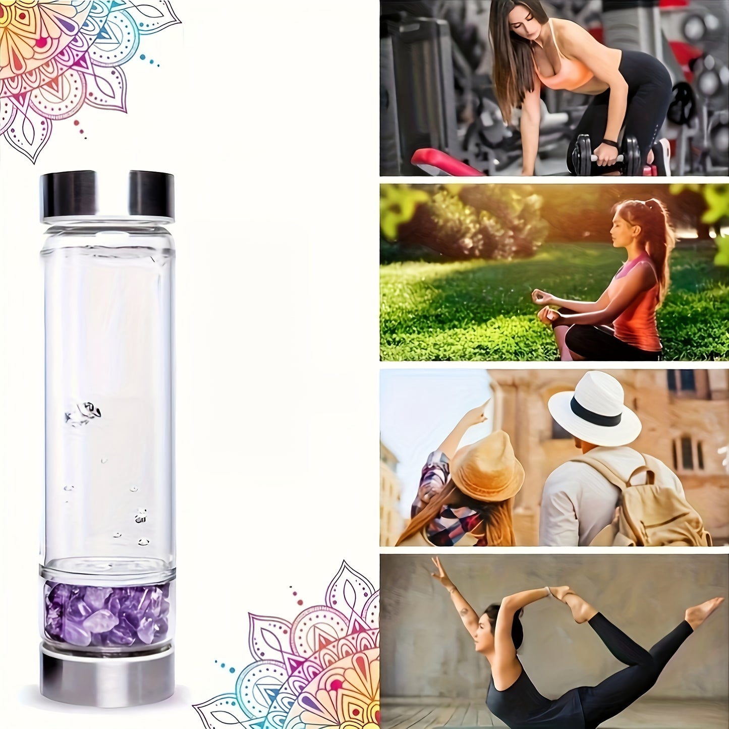 Water bottle with glass construction, removable amethyst, and protective cover included.