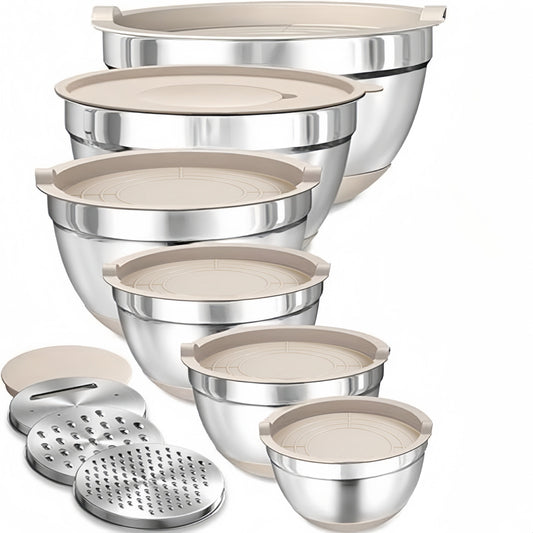 6 Piece Set of Mixing Bowls with Lids and 3 Piece Grater Attachments, Stainless Steel Salad Mixing Bowl Set in Khaki, Includes Sizes 0.95L, 1.4L, 1.9L, 2.4L, 3.2L, and 6.5L - Ideal for Baking and Home Kitchen Use