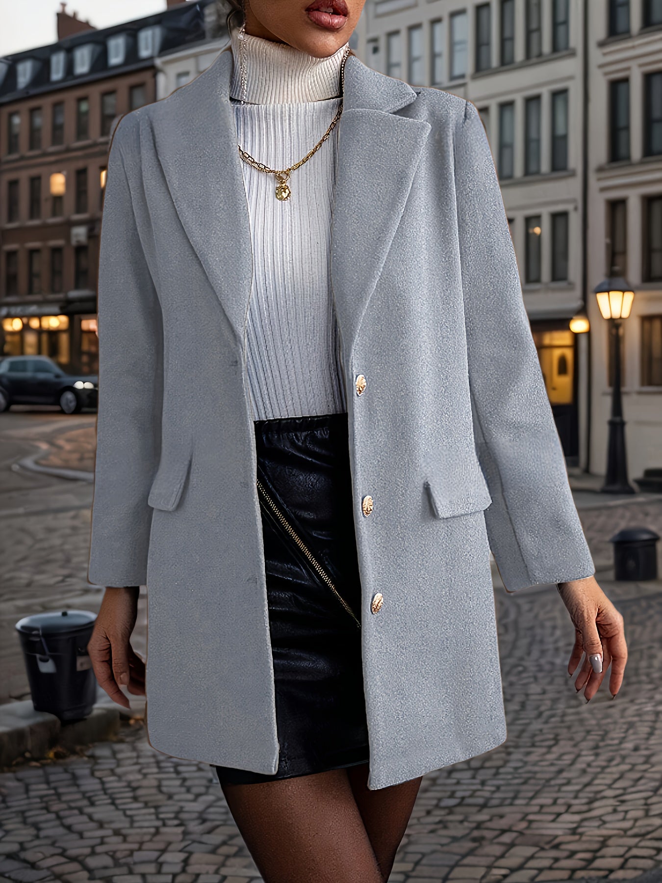 A stylish women's coat with a notched lapel, long sleeves, single-breasted closure, and fake pockets, made of polyester woven fabric for fall/winter outerwear.