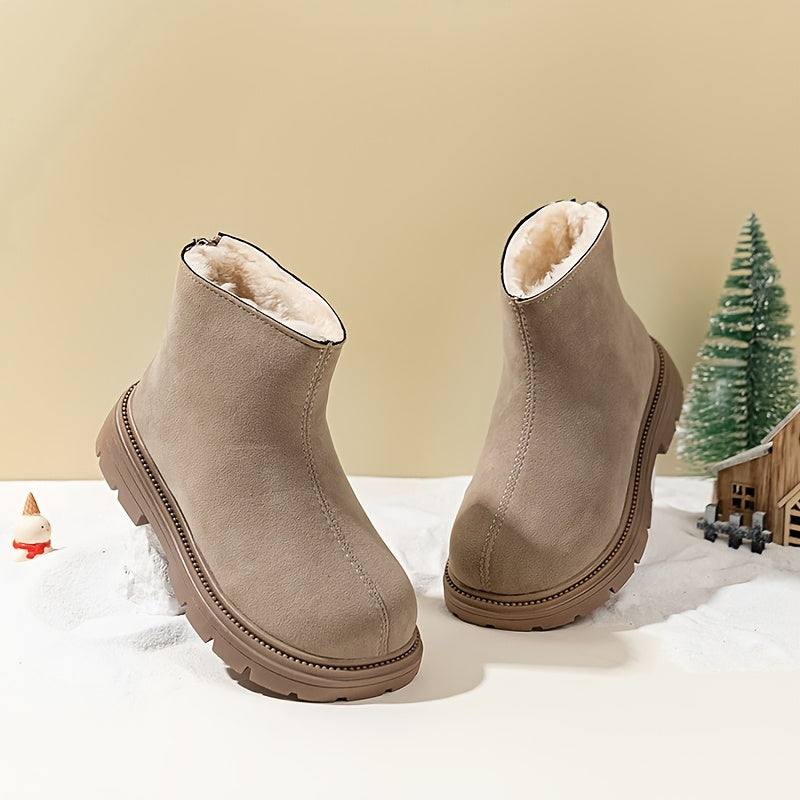 Stylish winter ankle boots with cozy plush lining, durable PVC sole, side zipper, round toe, brown upper with black trim. Perfect for boys and girls, casual snow booties for cold weather.