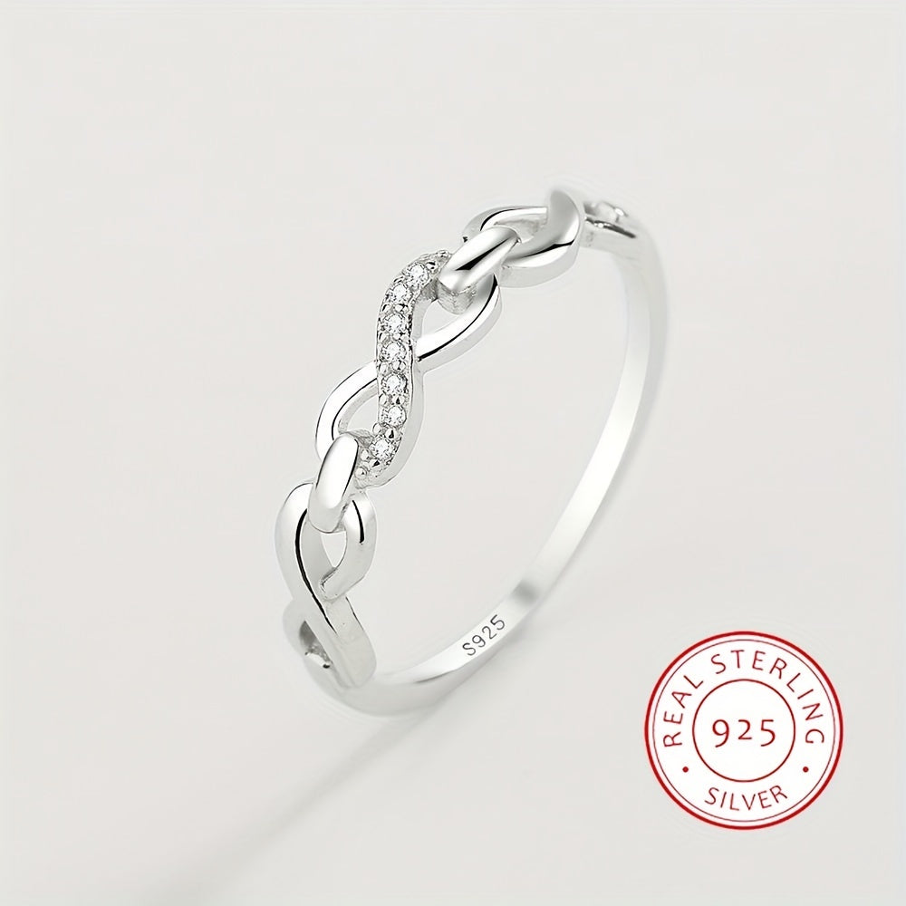 Elegant 925 Sterling Silver Ring featuring an Infinity Design and Sparkling Zirconia Stones, perfect for complementing any outfit. This high-quality piece of jewelry is a beautiful and delicate birthday gift option for women.