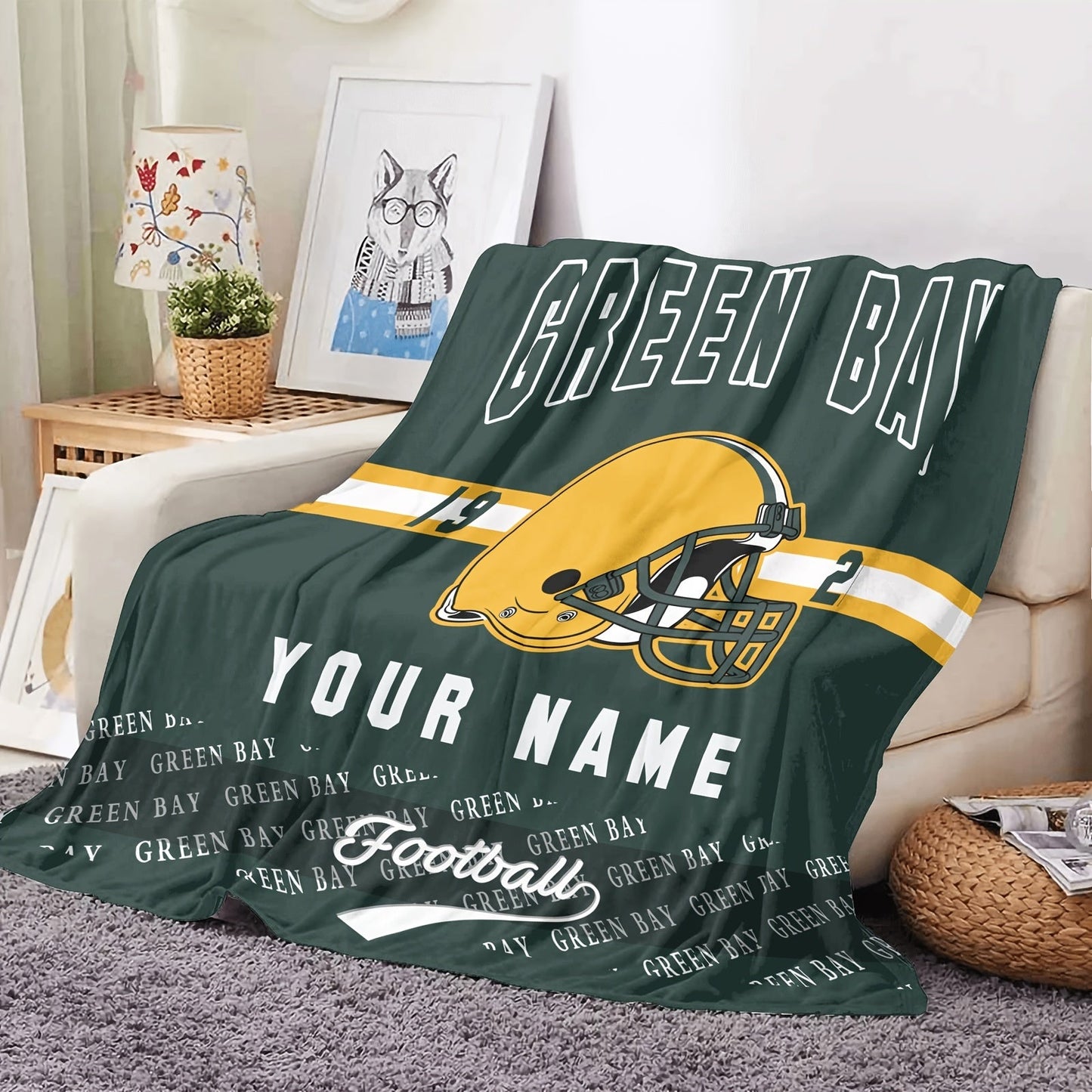 Personalized Green Bay Team Throw Blanket: Add Your Name, Easy to Clean, Soft Polyester Material, Ideal for Year-Round Comfort, Great for Travel or Home, Ideal Gift for Sports Fans