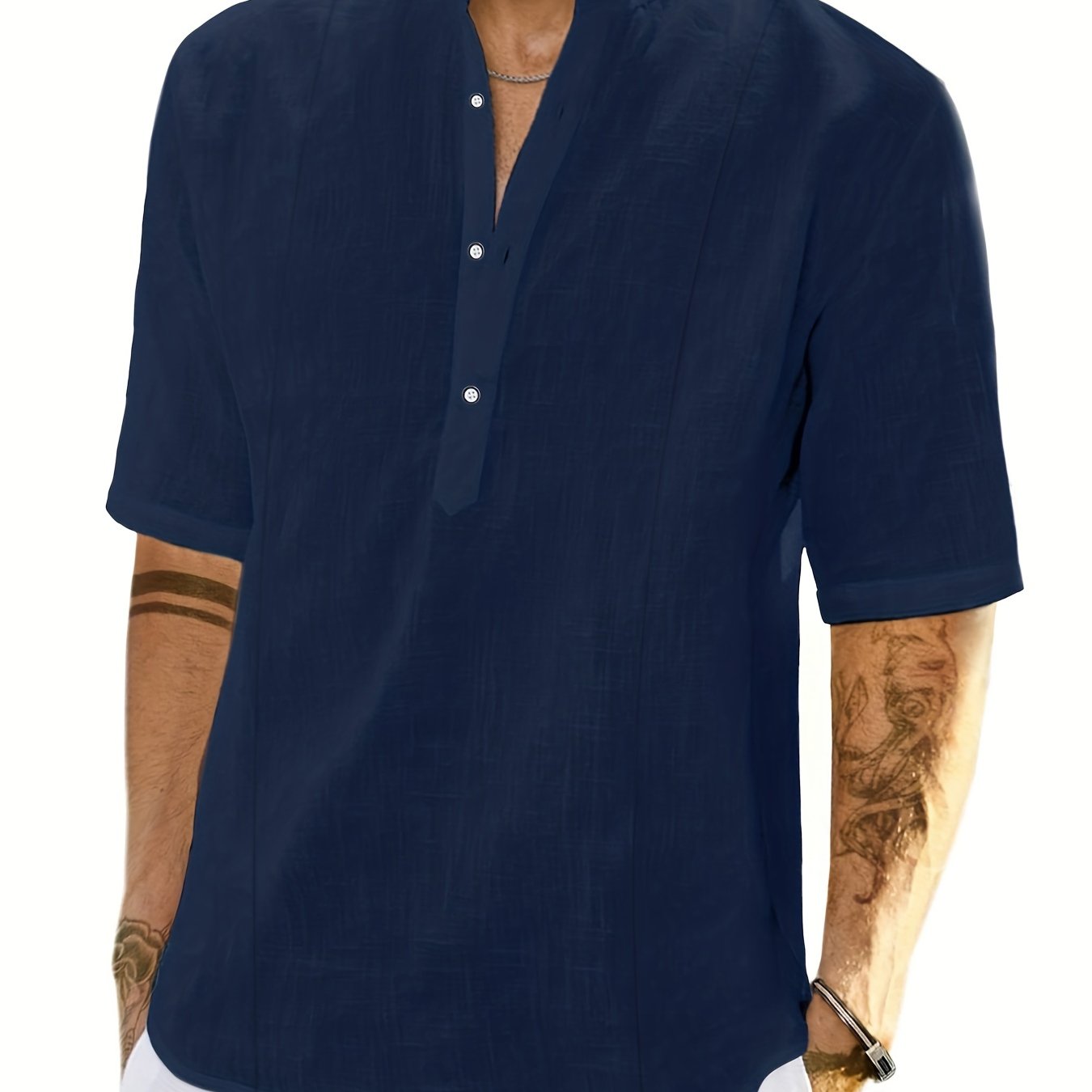 Men's Short Sleeve Navy Blue Henley Shirt made of a lightweight linen/cotton blend, perfect for summer beachwear. Loose fit, machine washable and available in Plus Size.