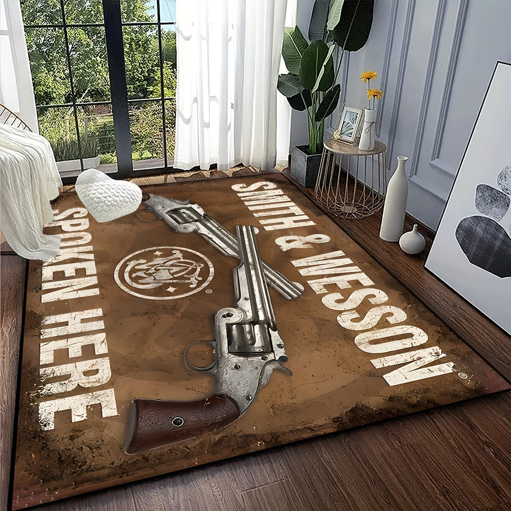 Soft and cozy 1pc Pistol Pattern Area Carpet with non-slip backing. This dirt resistant and machine washable carpet is perfect for both indoor and outdoor use as an entrance door mat or bedroom carpet. Featuring a military theme with denim revolver