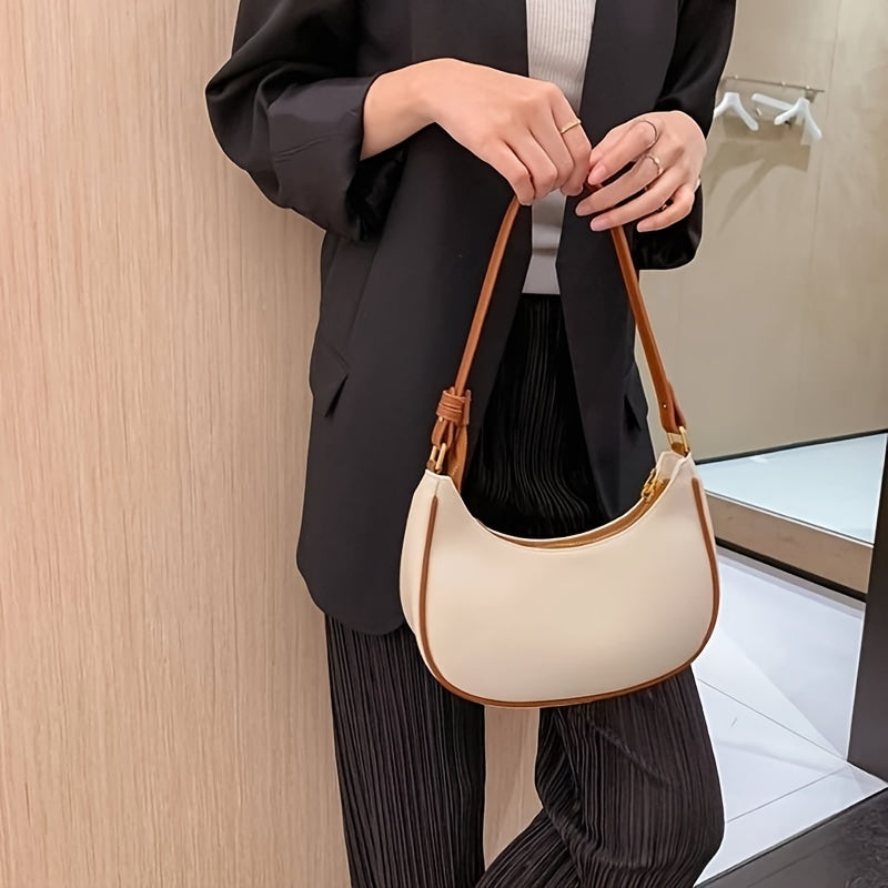 Women's Crescent Moon Saddle Bag with adjustable strap, solid color, zippered crossbody purse suitable for casual or formal occasions. Stylish and versatile.