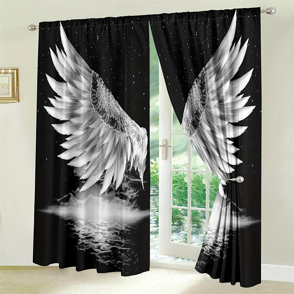 Black art window curtains featuring angel wings and stars, perfect for adding a touch of celestial charm to any room in your home or office. Enhance the decor of your bedroom, living room, or workspace with these stylish and elegant drapes.