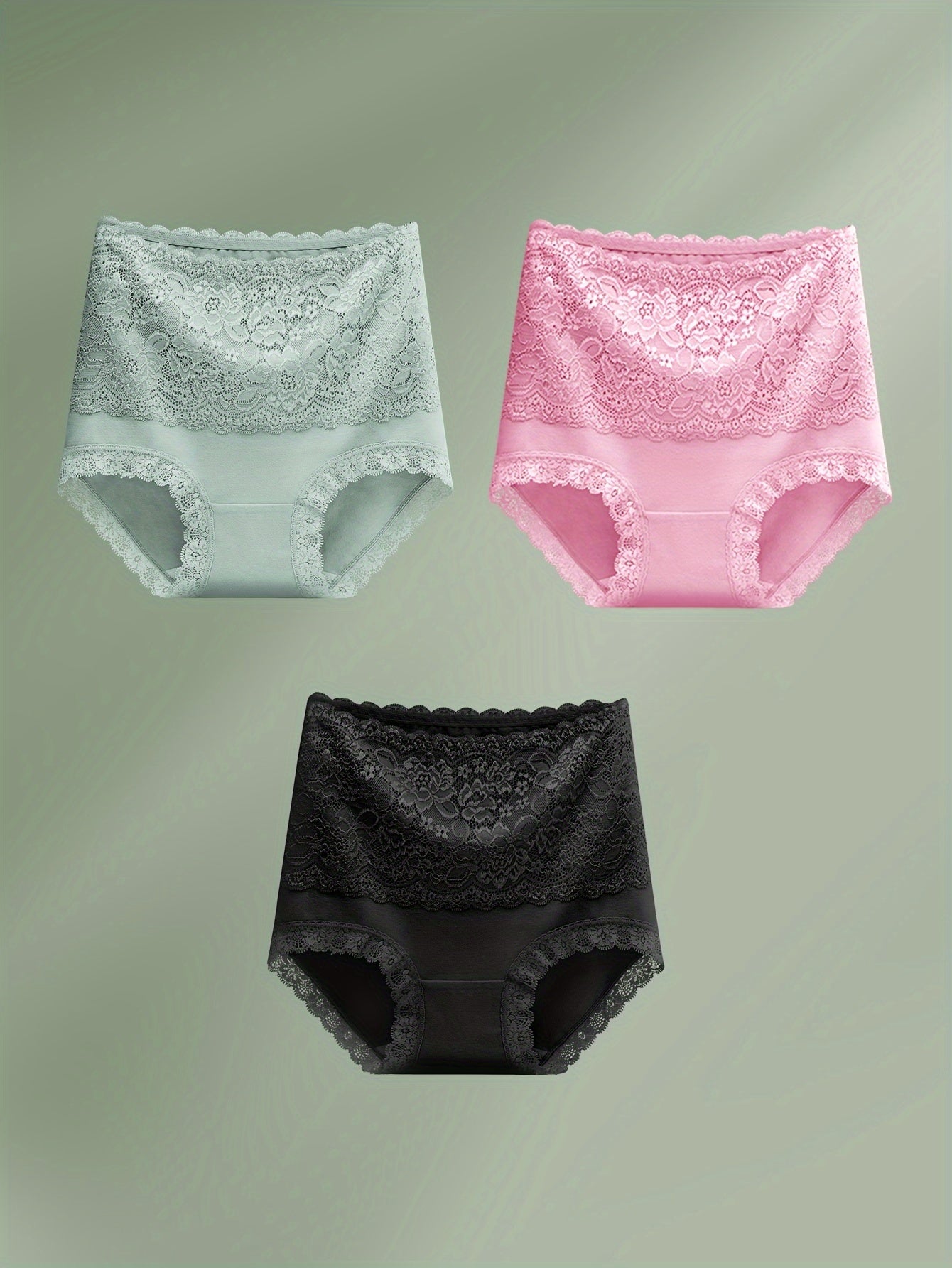 Set of 3 elegant high-waisted tummy control shapewear panties with lace detail for women