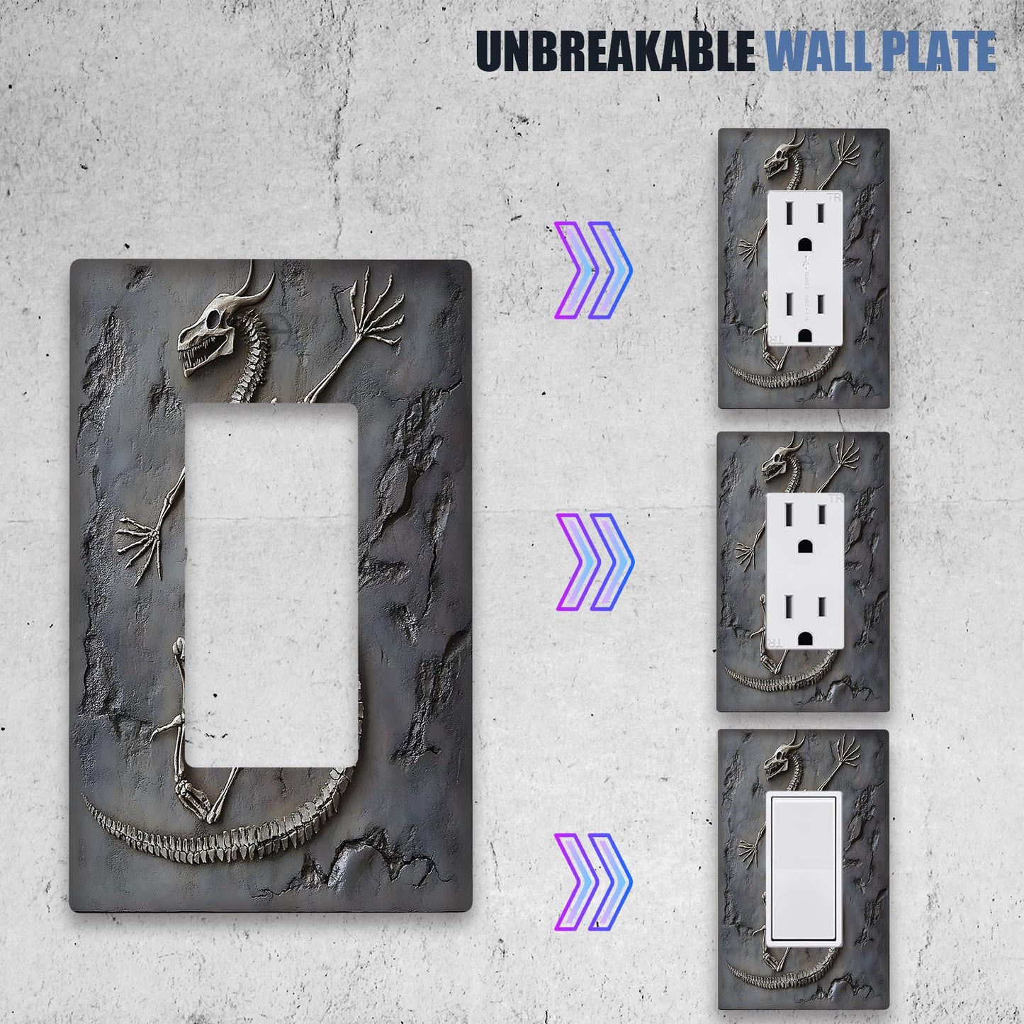 Dinosaur fossil wall panel light for switch cover, 1pc/2 sets - no power needed, easy to clean. Fits standard US sockets, perfect for bedroom and kitchen decor. Ideal for dinosaur-themed rooms.