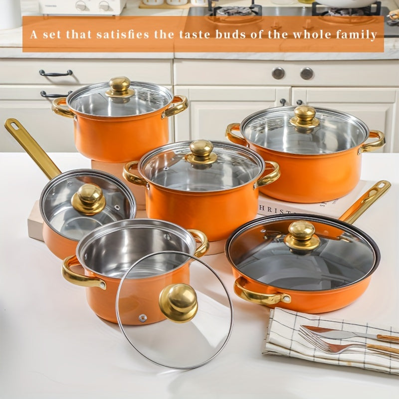 Cook with ease using this 18-piece premium stainless steel cookware set, complete with non-stick pots, golden handles, and utensils. Perfect for steaming, frying, and boiling, this essential kitchen gear is durable and stylish. Upgrade your cooking tools