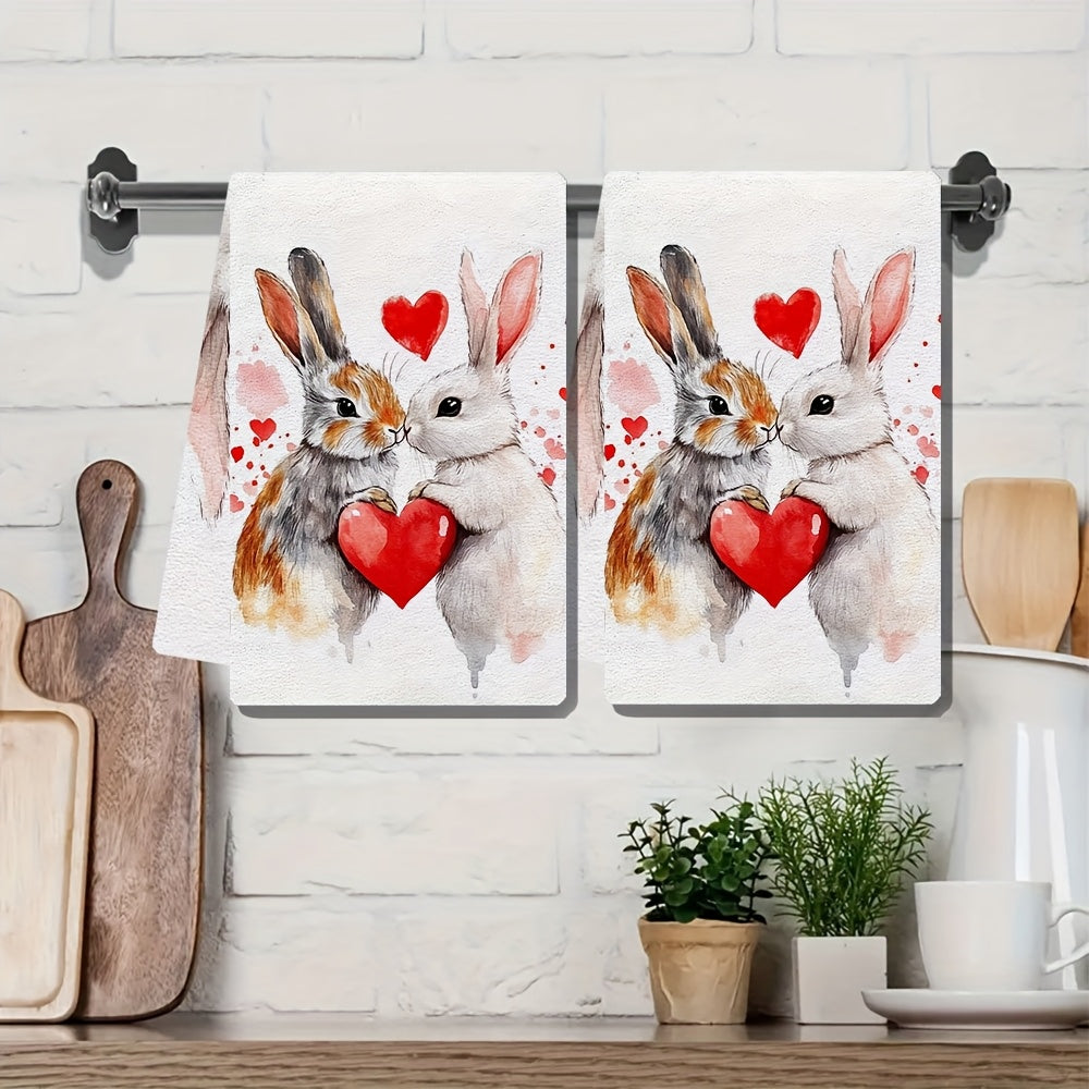 Celebrate Valentine's Day with these 2 ultra soft kitchen towels featuring an adorable bunny and heart design. Made from highly absorbent polyester, these dish hand towels are easy to clean as they are machine washable. Their contemporary style and