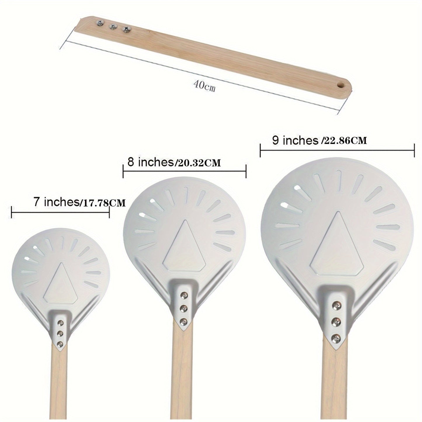 Pizza shovels with wooden handles measuring 8 and 22.86 cm, made of stainless steel