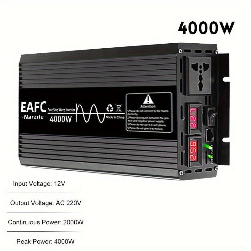 Car power inverter converts DC 12V to AC 220V without battery, with peak power options of 4000W, 3000W, and 2000W in pure sine wave.