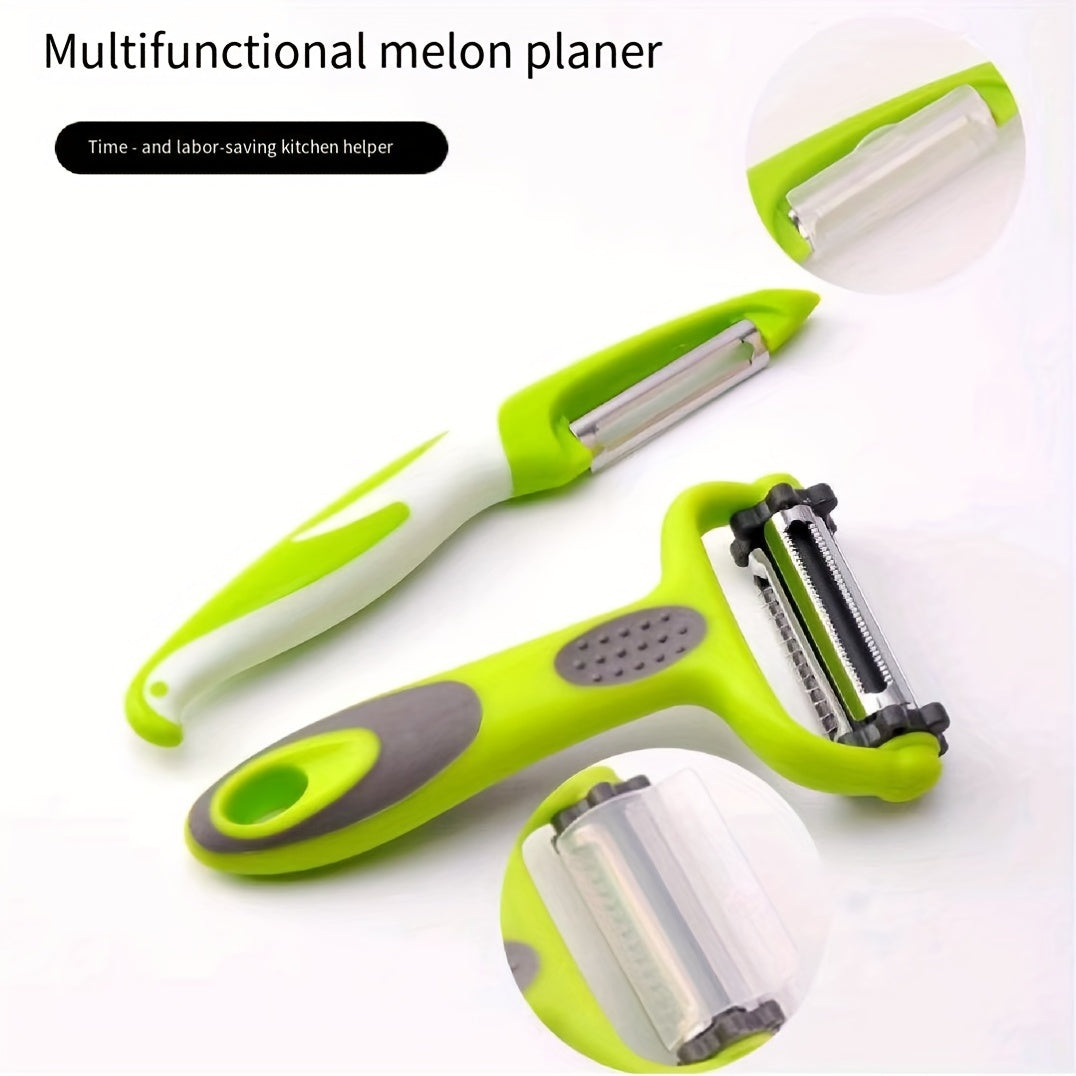 Set of 3 kitchen tools including fruit peeler, vegetable peeler, and grater. Can also be used as a shredder and multifunctional vegetable cutter. Great for cutting and peeling fruits and vegetables in the kitchen. Essential for dorm living.