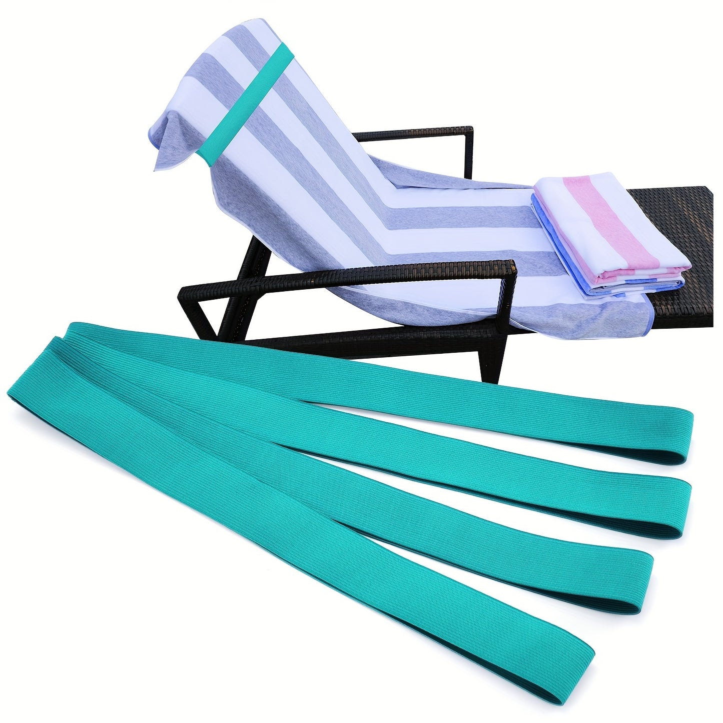 Tropical beach towel band with elastic clamp for chairs and loungers, essential for beach and cruise, stretchable and durable, blue stripes, expands to 90cm.