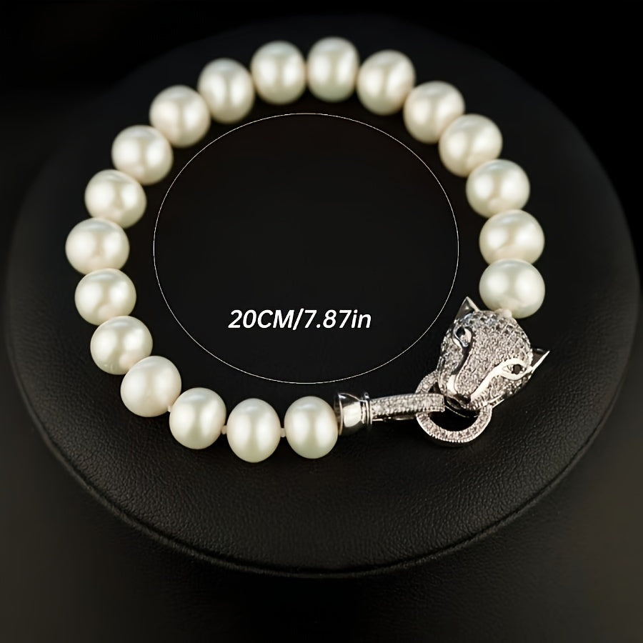 MYSOYA presents an exquisite luxury set of freshwater pearl jewelry featuring a stylish leopard head clasp. Handcrafted with genuine 8-9mm pearls, this unisex necklace and bracelet set is the perfect natural June birthstone accessory. Give the gift of