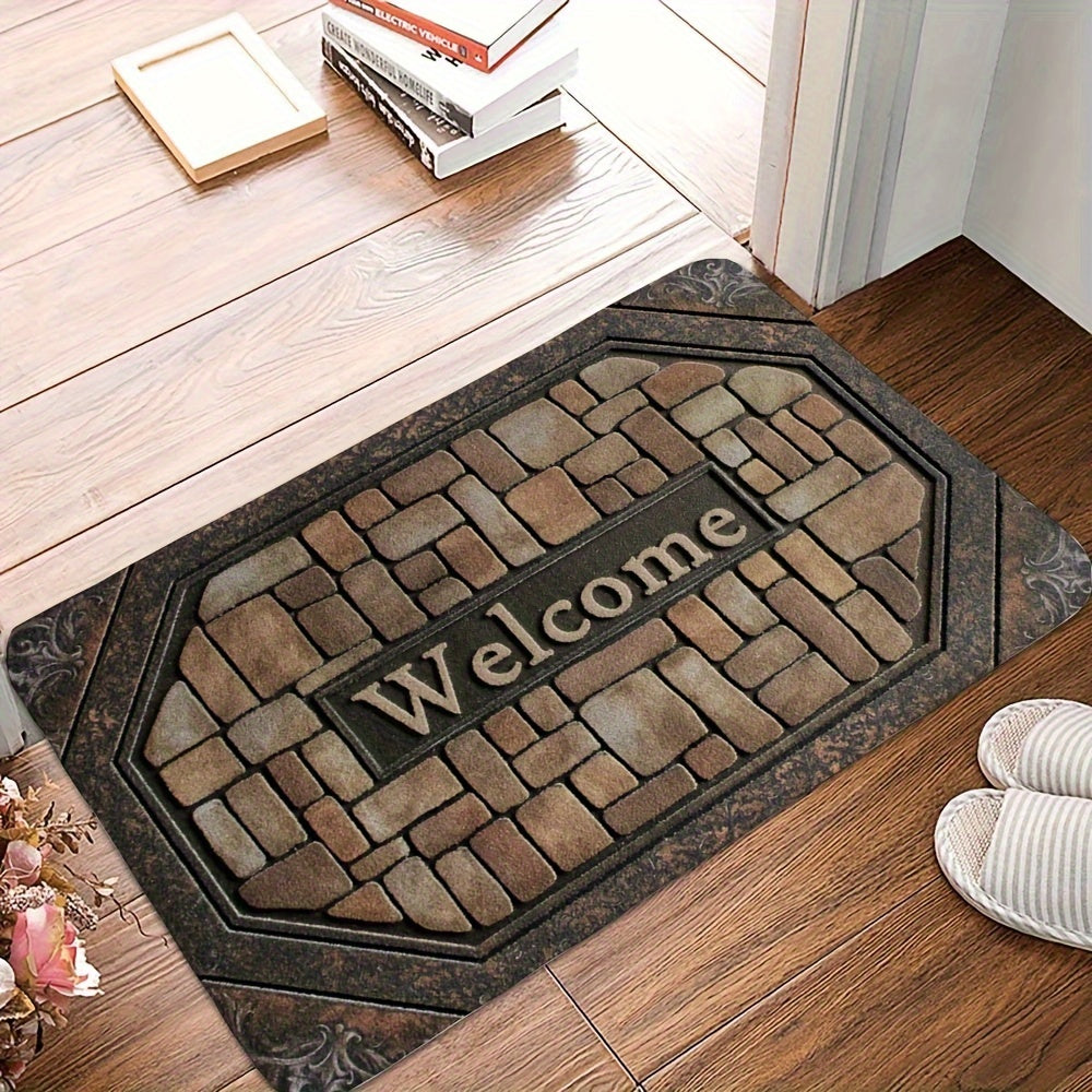 Polyester Welcome Doormat with Non-Slip Rubber Backing - Rectangle Entrance Carpet with Painted Brick Design (Pebble Pattern) - Machine Washable for Indoor and Outdoor Use