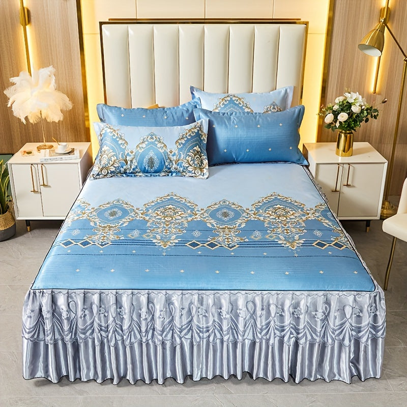 Jacquard Bed Skirt Set with Pillowcases, featuring a charming Lace Hem and Floral Pattern. Made of Soft and Comfortable 100% Polyester, this set is machine washable for easy care. Available in Contemporary Style with a Woven Fabric design, weighing 120g.