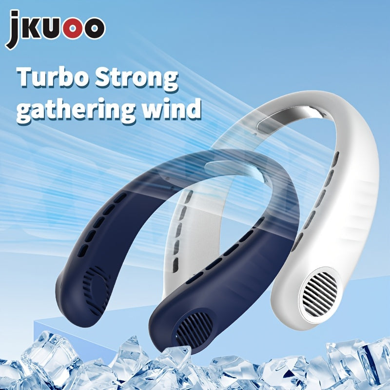 Introducing the 1pc JKUOO Portable Neck Fan with Digital Display. This USB Rechargeable Mini Personal Wearable Fan features 5-Speed settings, ensuring a quiet operation. Made of durable plastic material with a convenient cord, this fan is perfect for