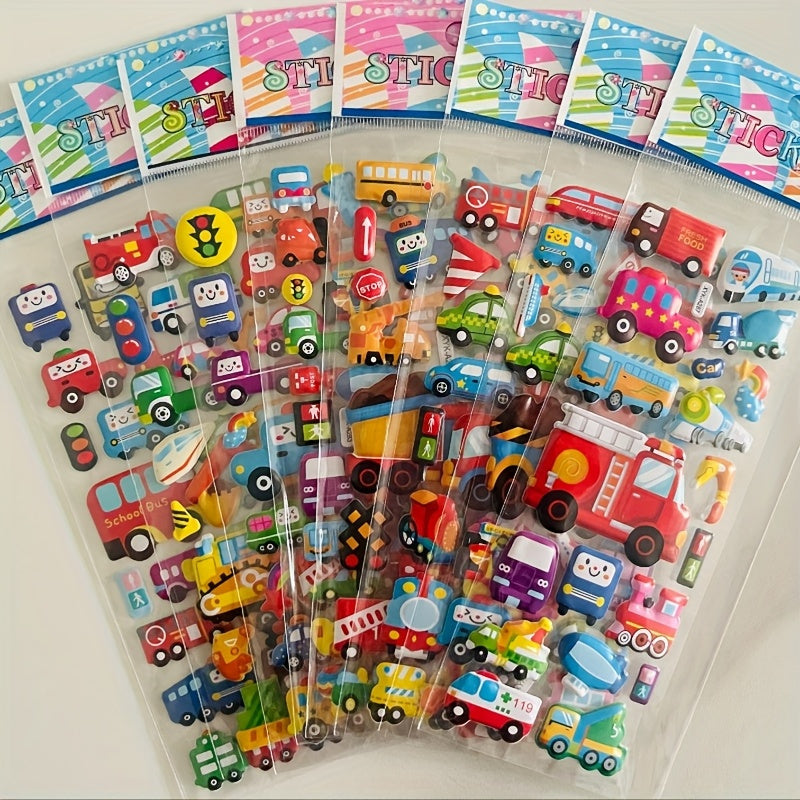 Set of 8 cartoon vehicle stickers featuring 3D Stereoscopic Cars, Fire Trucks, and Excavators. Fun and educational reward stickers in mixed colors, self-adhesive plastic.