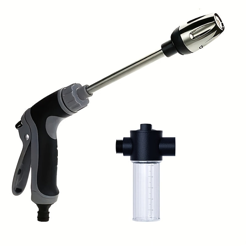 Durable high-pressure sprayer with foam bottle for versatile use on motorcycles, home, and garden. Long rod nozzle for efficient cleaning and irrigation.