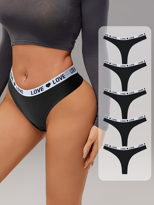 5 pairs of letter print color block thongs, sexy and comfortable breathable stretchy panties for women.