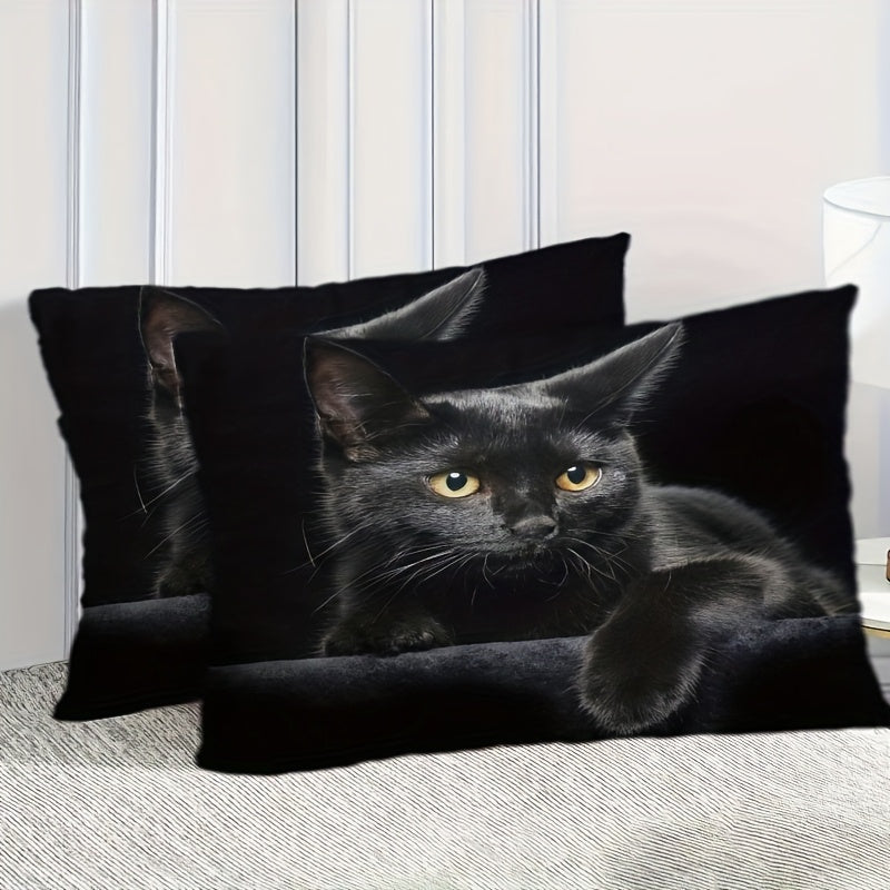 Set of 2 Ultra-Soft Pillowcases with Black Cat Print - Ideal for Cat Enthusiasts, Perfect for Bedroom, Living Room, and Car Decor (Pillow Inserts Sold Separately), Includes Picture for Sofa Decoration