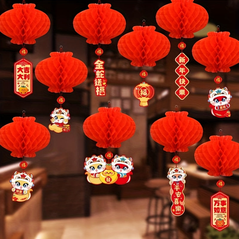 10pcs 2025 Red Lantern Hanging Decorations for New Year and Spring Festival Celebration, creating a joyful atmosphere.