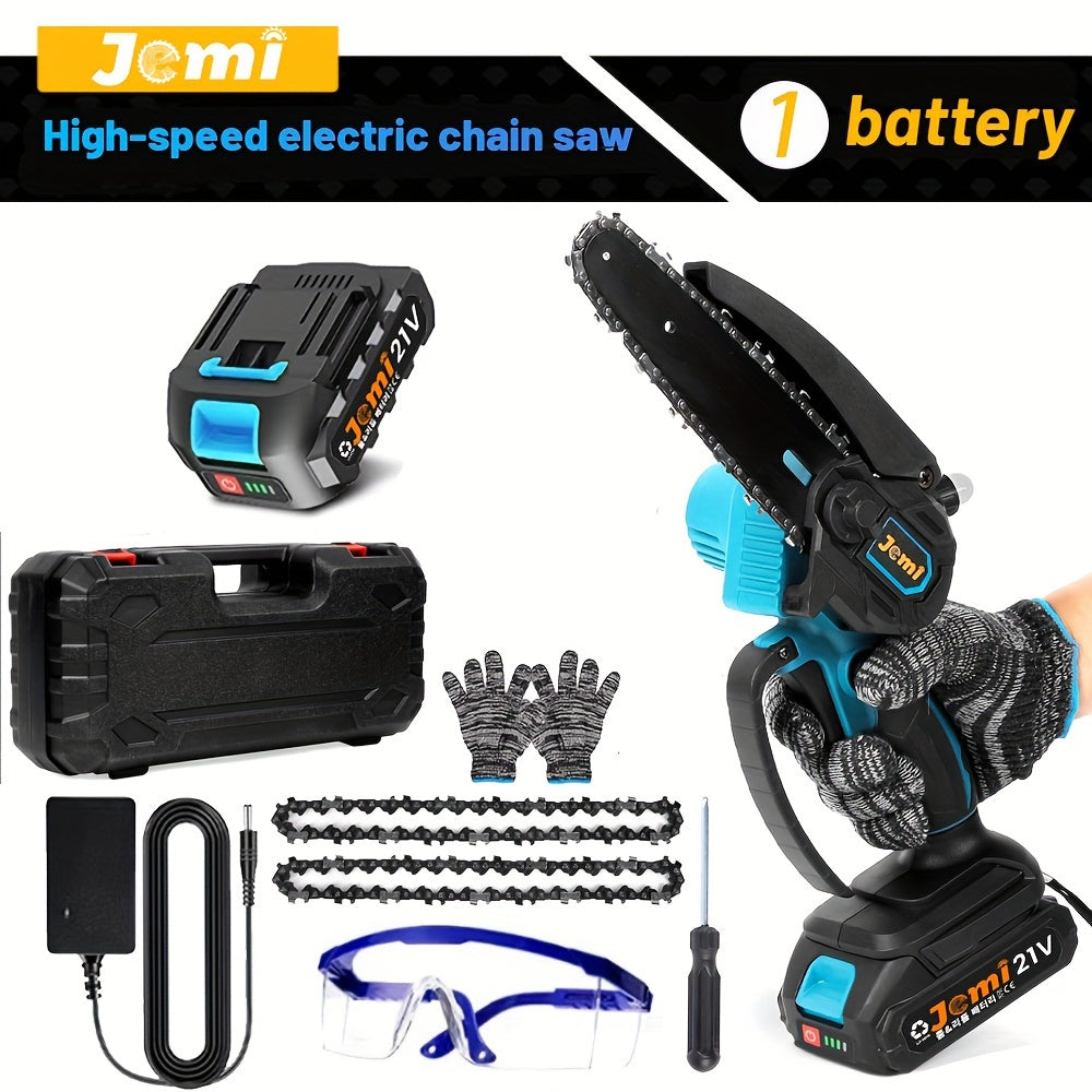 Jemi Mini Cordless Chainsaw with 15.24 cm chain, security lock, and automatic oiler. Battery-powered with manganese steel chain, includes 2 x 21V lithium batteries. Ideal for wood cutting