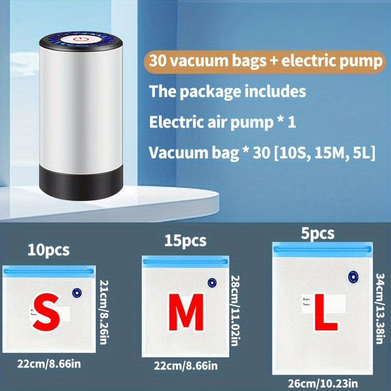 Compact USB-Rechargeable Electric Vacuum Sealer Set with 3 Food Storage Bag Sizes - Handheld Sealer for Perfect Seal, Includes Measurement Markings & Blue Zipper Bags for Different Foods, Great for Home Kitchen, Portable Design|Long-Lasting Vacuum Bags