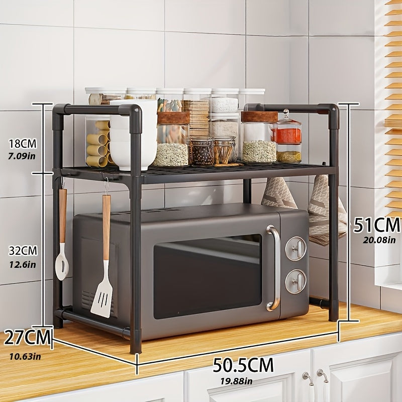 Double-layer kitchen storage rack with 4 hooks and adjustable plastic microwave rack. Convenient open storage suitable for countertops and cabinets, no assembly needed. Perfect for organizing kitchen utensils.