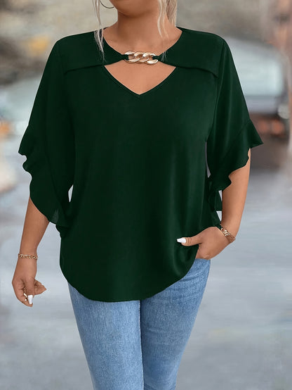 Stylish black V-neck tops for plus-size women in new summer collection.